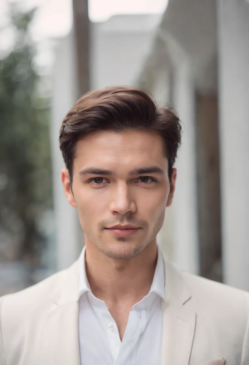 Portrait of handsome man 30 years old round face cinematic appearance、White shirt and jacket with collar、Looking at the camera