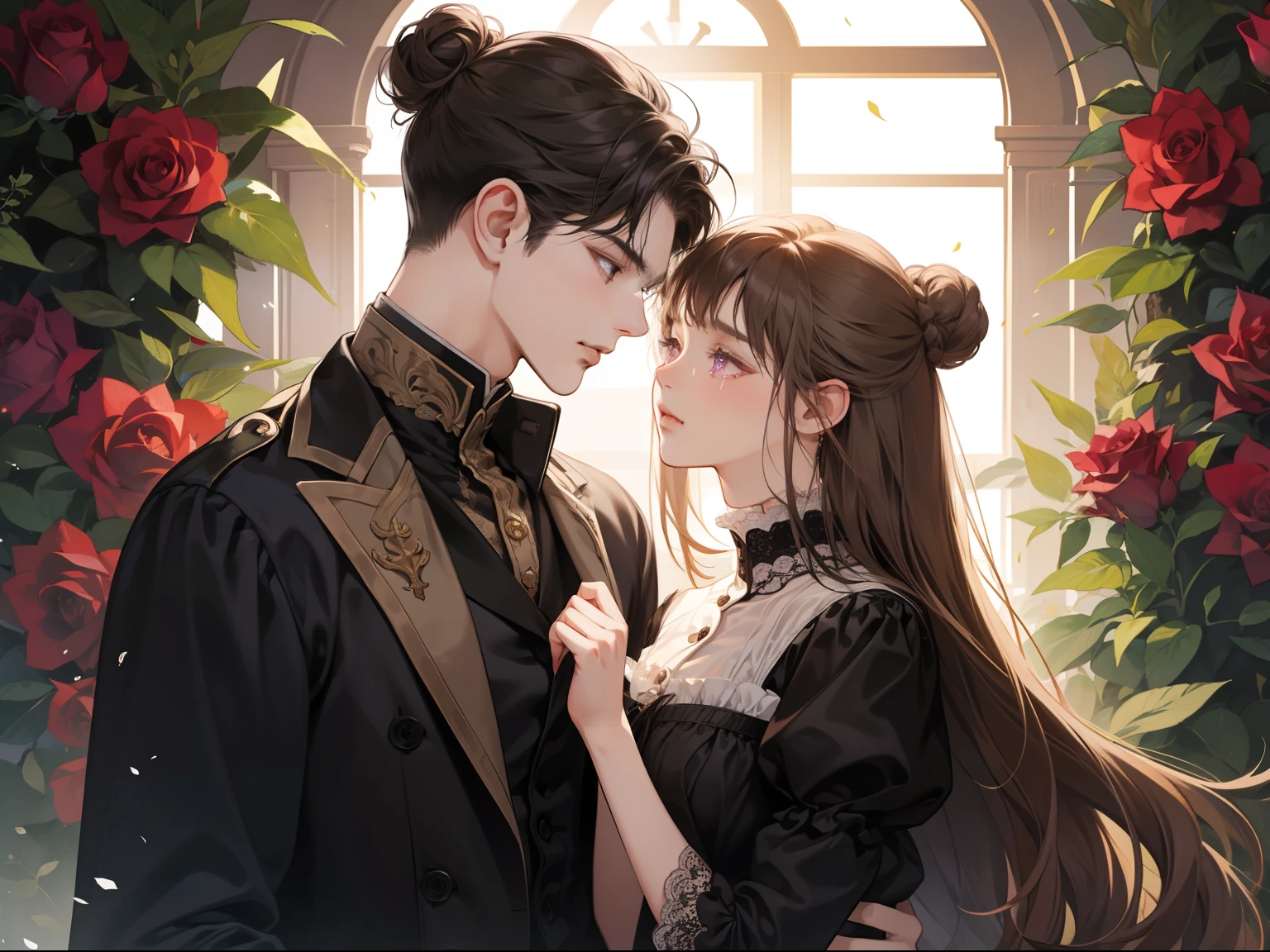 couple, 1 Girl 1 Boy, different hair color, Girl with long hair with black bangs,Bun and purple eyes, Boy with short dark brown hair and gray eyes, Romance, victorian age,Surrounded by roses,The boy was in tears