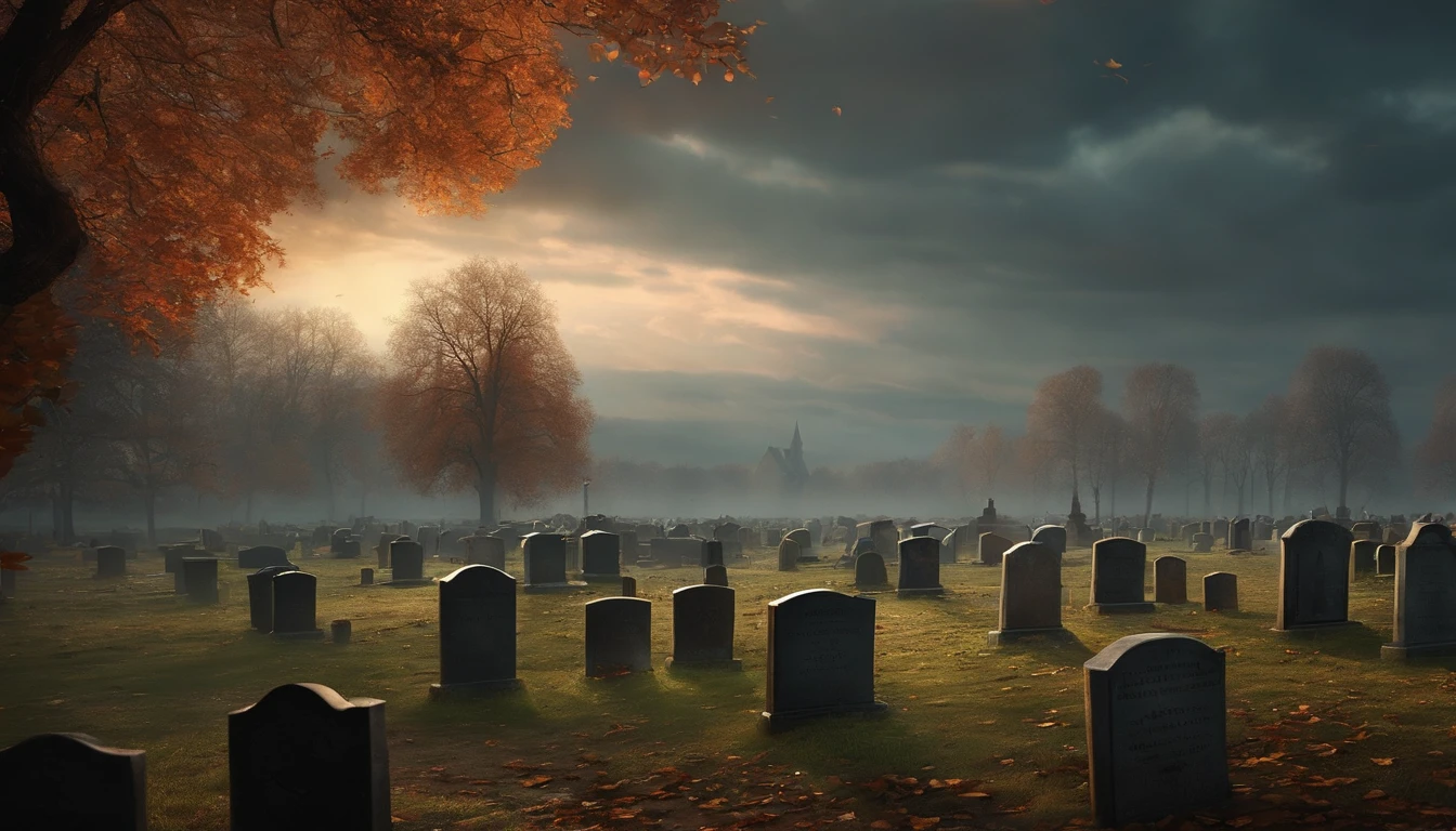 There is a cemetery with many headstones in the background, Alexey Egorov, Directed by: Eglon van der Neer, Bussiere Rutkowski Andreas Rocha, eerie nostalgic concept art, arte de fundo, Directed by: Otakar Kubin, Martin Raphael Lacoste, cemetery landscape, graveyard background, graveyard, graveyard, Stefan Koidl inspirado , Realistic, hyper realistic, super realista com imagens queimadas