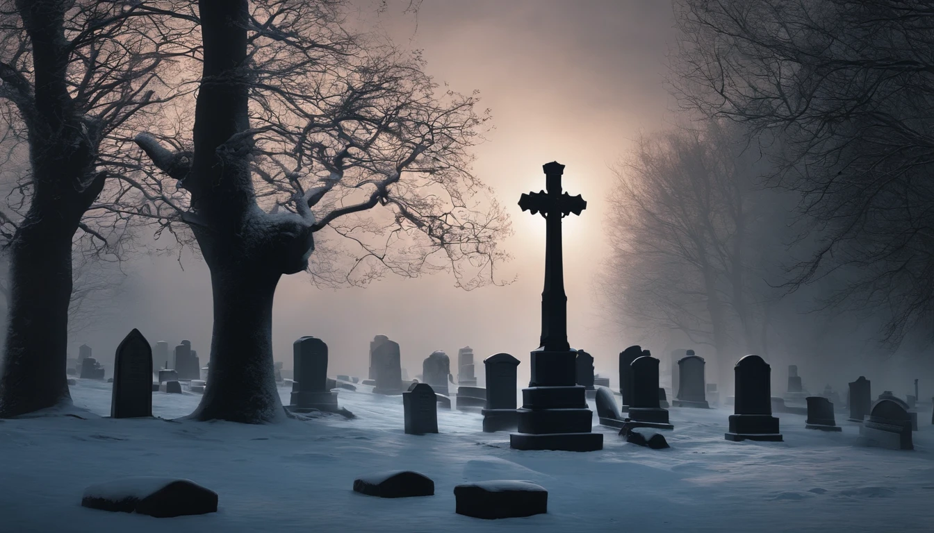 There is a cemetery with many headstones in the background, Alexey Egorov, Directed by: Eglon van der Neer, Bussiere Rutkowski Andreas Rocha, eerie nostalgic concept art, arte de fundo, Directed by: Otakar Kubin, Martin Raphael Lacoste, cemetery landscape, graveyard background, graveyard, graveyard, Stefan Koidl inspirado , Realistic, hyper realistic, super realista com imagens queimadas