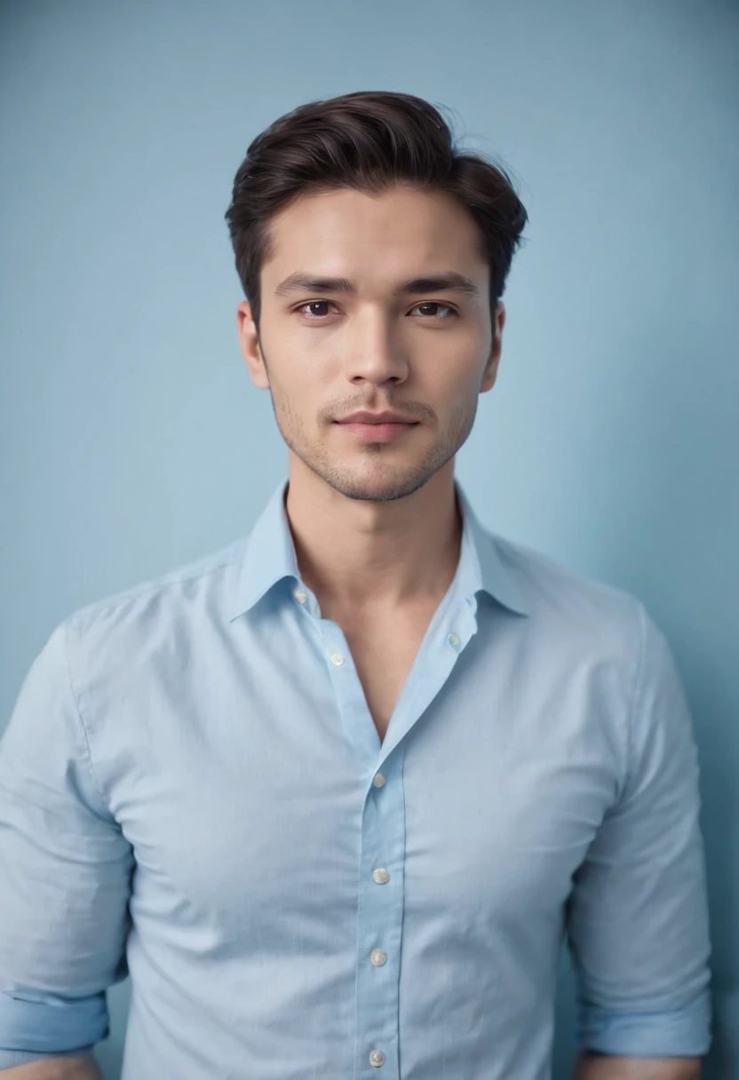 Portrait of handsome man 30 years old round face cinematic appearance、Light blue shirt with collar、(Looking at the camera:1.4)