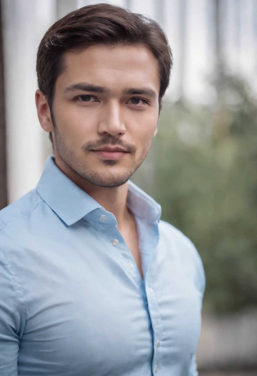 Portrait of handsome man 30 years old round face cinematic appearance、Light blue shirt with collar、(Looking at the camera:1.4)