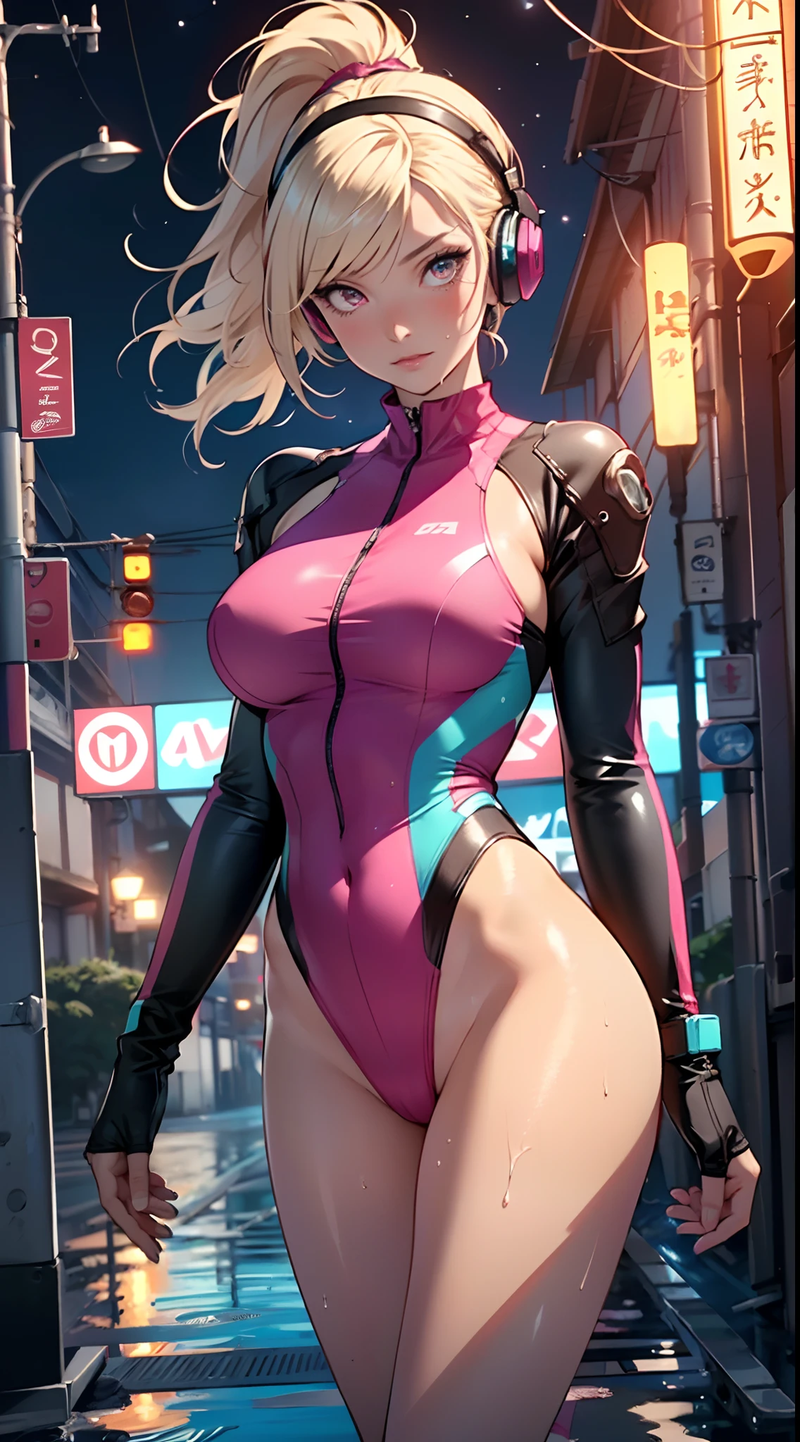 girl swimmer,((girl with extremely cute and beautiful blonde hair)),
(large breasts:1.4),saggy breasts,(((very light blonde ponytail hair:1.35,straight hair,ponytail long hair:1.4,colored inner hair,ear breathing))),((heterochromia:1.5, (pink_eye and yellow_eye))),intricate eyes,beautiful detailed eyes,symmetrical eyes,((fat)),(((lustrous skin:1.5,bright skin: 1.5,skin tanned,shiny skin,very shiny skin,shiny body,plastic glitter skin,exaggerated shiny skin,illuminated skin, wet legs))),(spider lower abdomen,narrow waist,wide hip,athletic body,inflated legs,detailed body,(detailed face)),
cute,slutty,seductive,erotic,(((nsfw))),
zettai ryouiki,((one-piece_swimsuit magenta,wearing a one-piece_swimsuit outfit:1.3,swimsuit type spacesuit,magenta armor swimsuit:1.3)),(rgb headphones:1.5),((wet clothes,intricate outfit,intricate clothes)),
(dynamic pose:1.0),embarrassed,(centered,scale to fit dimensions,Rule of thirds),
cyberpunk city by the ocean at night, with bright neon signs and dark stormy clouds and puddles, scenery:1.25,
artistic photography,(photography taken by sldr),highres, sharp focus, (ultra detailed, extremely detailed), (photorealistic artwork:1.37),(extremely detailed CG unity 8k wallpaper),((synthwave background theme)),(((vibrant colors))),(intricate background),(masterpiece),(best quality),