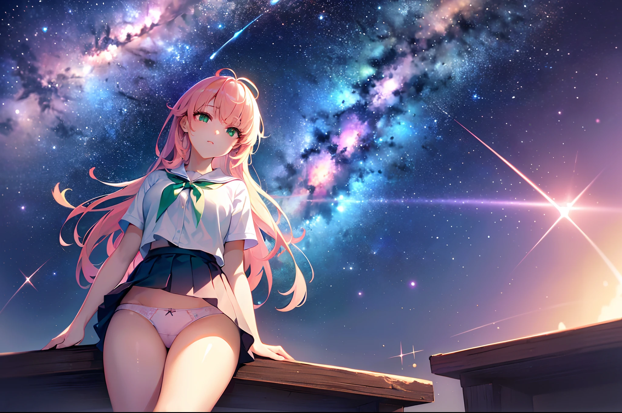 high resolution,(incredibly absurdres), (hires.fix:1.3),anime visual,extremely detailed CG unity 8k wallpaper, ((masterpiece)), ((top-quality)), (beautiful illustration), ((an extremely delicate and beautiful)), 1 cute girl ,((looking up milky way)), sitting, cowboy shot, ((from below)) ,school uniform, floating skirt, ((panties)), ((background star-filled sky)), pale pink hair, green eyes