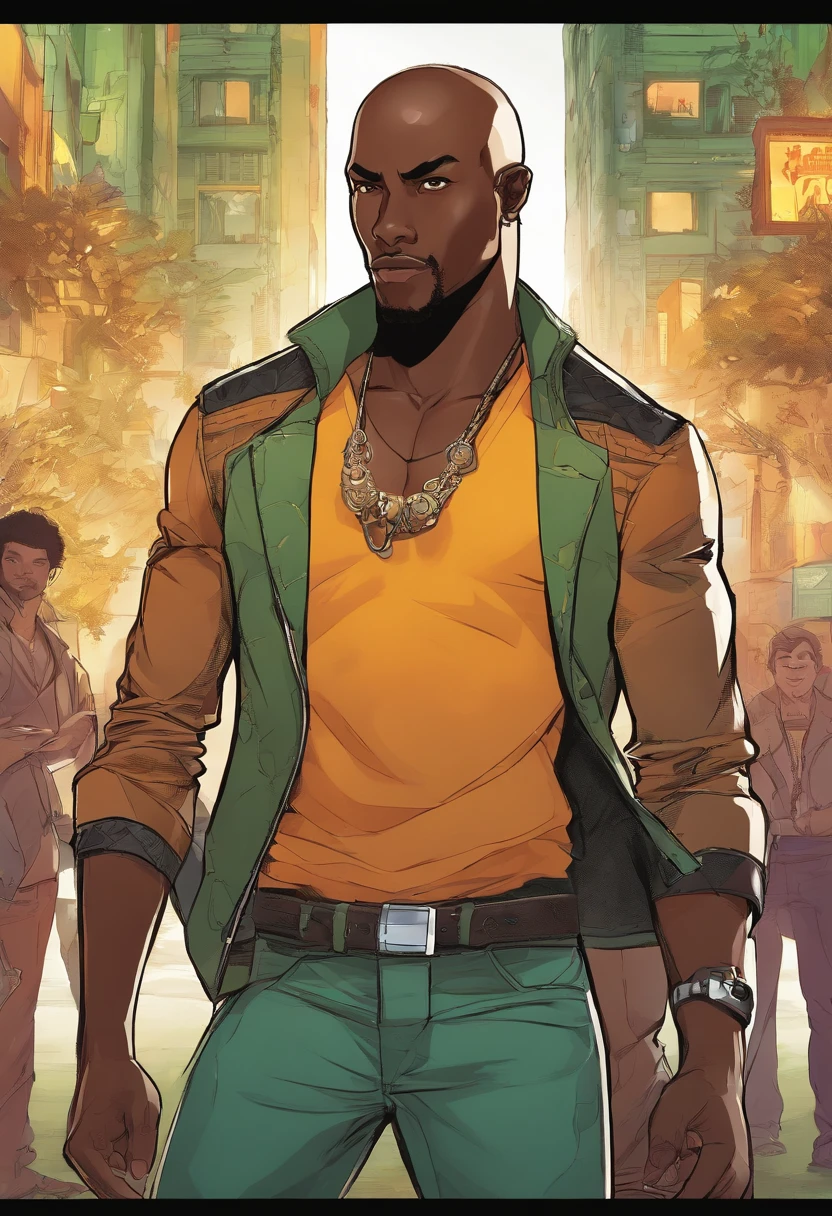 a close up of a dark skin person wearing a brown jacket((jaguar spotted texture)), white tank top underneath jacket, dark gray jeans with a black belt on his waist,He also wears two golden chain necklace in his neck and a long necklace with three black rounded pendants at the center. African American character in tekken, dark green eyes, undercut hairstyle, half body close-up shot, male character, single