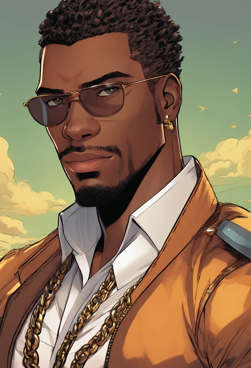 a close up of a dark skin person wearing a brown jacket((jaguar spotted texture)), white tank top underneath jacket, dark gray jeans with a black belt on his waist,He also wears two golden chain necklace in his neck and a long necklace with three black rounded pendants at the center. African American character in tekken, dark green eyes, undercut hairstyle, half body close-up shot, male character, single