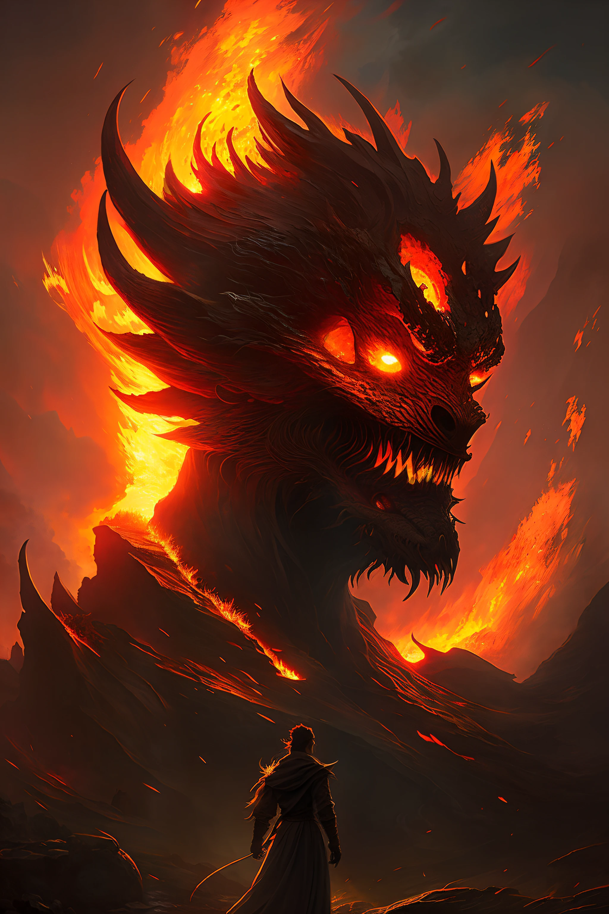 Portrait of a burning fire and lava demon by Byard Wu and Marc Simonetti and George Inness, Fantasy horror atmosphere