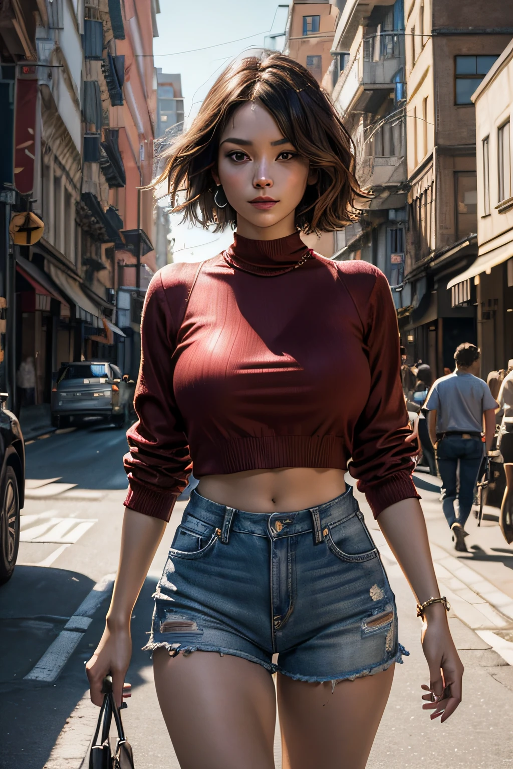 ((8k, best quality, ultra high resolution, masterpiece, photorealistic:1.3)), Japanese araffe woman, big breasts, in her shorts, very short jeans fitted on her broad and voluptuous hips, wearing a fitted and unbuttoned red shirt with a deep neckline, sharpen face, sharpen picture, enhanced definition of edges in the picture, enhanced colors of the picture, a gorgeous 30 years old woman with bob cut hair, walking confidently and seductively on the city street, in a sunny day light, inspired by Dali, 8k high quality detailed art, by Dali, 8 k sensual lighting, triss merigold cosplay, stunning cgsociety, deviantart artstation cgscosiety, pinup art, [ trending on cgsociety ]!!