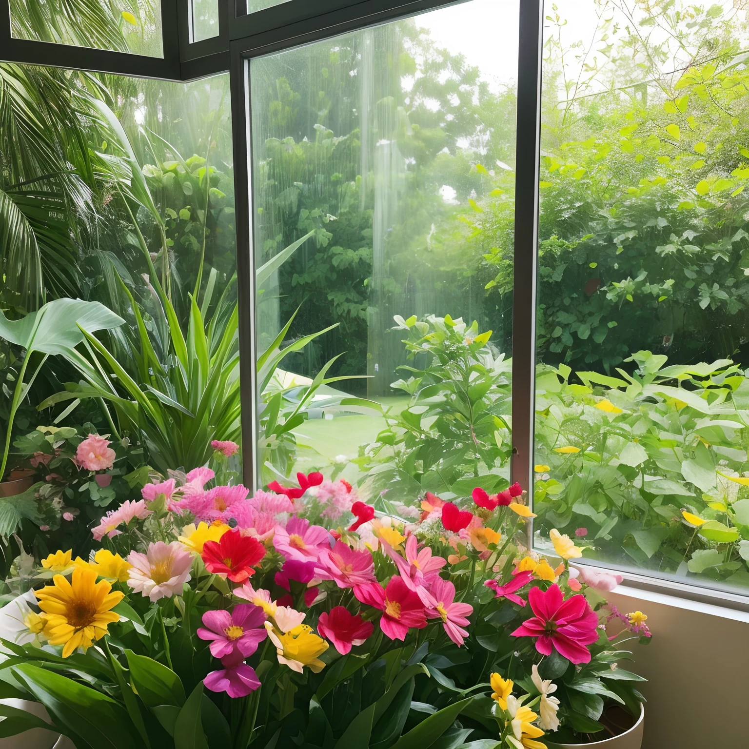 Imagem realista 8k, nitidez em todo o plano, There is a vase of flowers on the windowsill, magical colorful flowers, flores coloridas, flores coloridas, flores silvestres coloridas, flores de cores vivas, summer morning light, com flores e plantas coloridas, colourful flowers bouquet, flores bonitas, summer morning flower garden, flores coloridas, Summer vibe, flores silvestres, flores florais coloridas, jardim florido cottagecore, flores bonitas