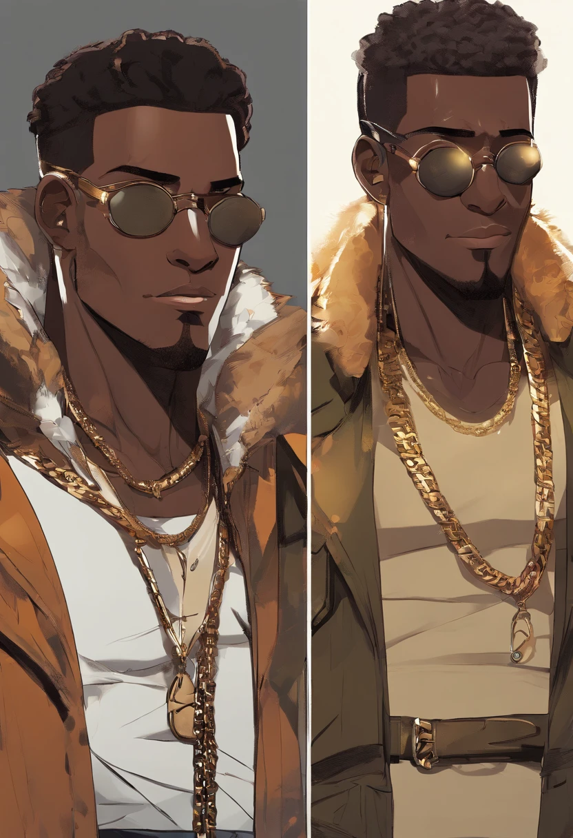a close up of a dark skin person wearing a brown jacket((jaguar spotted texture)), white tank top underneath jacket, dark gray jeans with a black belt on his waist,He also wears two golden chain necklace in his neck and a long necklace with three black rounded pendants at the center. African American character in tekken, dark green eyes, undercut hairstyle, half body close-up shot, male character, single