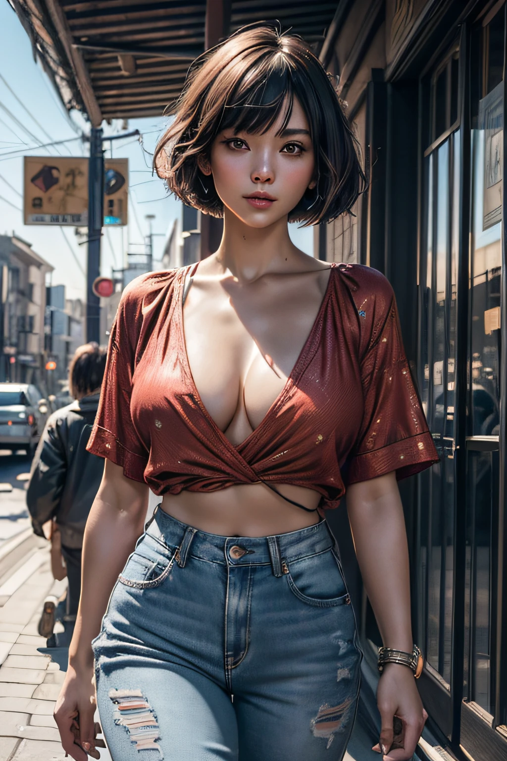 ((8K, Best Quality, Ultra High Resolution, masutepiece, Photorealistic:1.3)), Japan Arafe Woman, Big breasts, In her shorts, Very short jeans that fit her wide and sensual hips, Wearing a fitted and unbuttoned red shirt with a deep neckline, Sharpen the face, sharpen image, Enhanced definition of edges in images, Enhanced colors in images, Gorgeous 30 year old woman with bob cut hair, Walk the city streets confidently and enchantly, In the light of a sunny day, 8k high quality detailed art, Sensual lighting in 8K, stunning cgsociety, pin up art, [ Trending on CGSociety ]!!