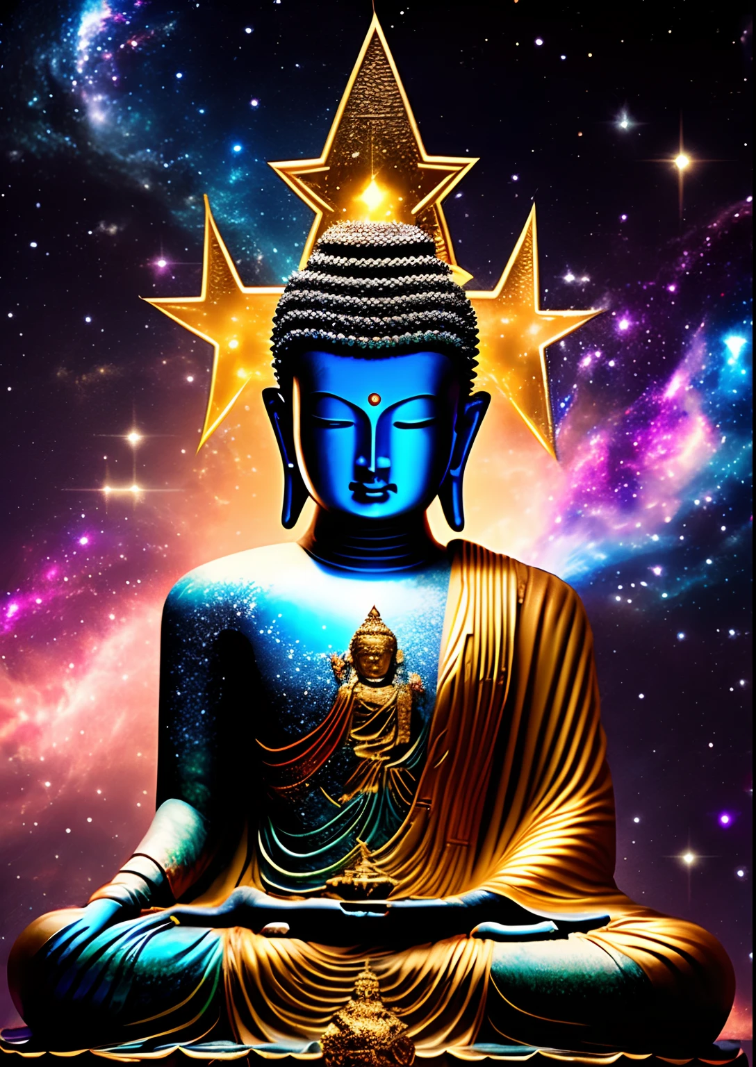 dreamlikeart, galaxy, outer space, nebula, star, [cyberpunked] Buddha statue from the stars. (star:1.5),