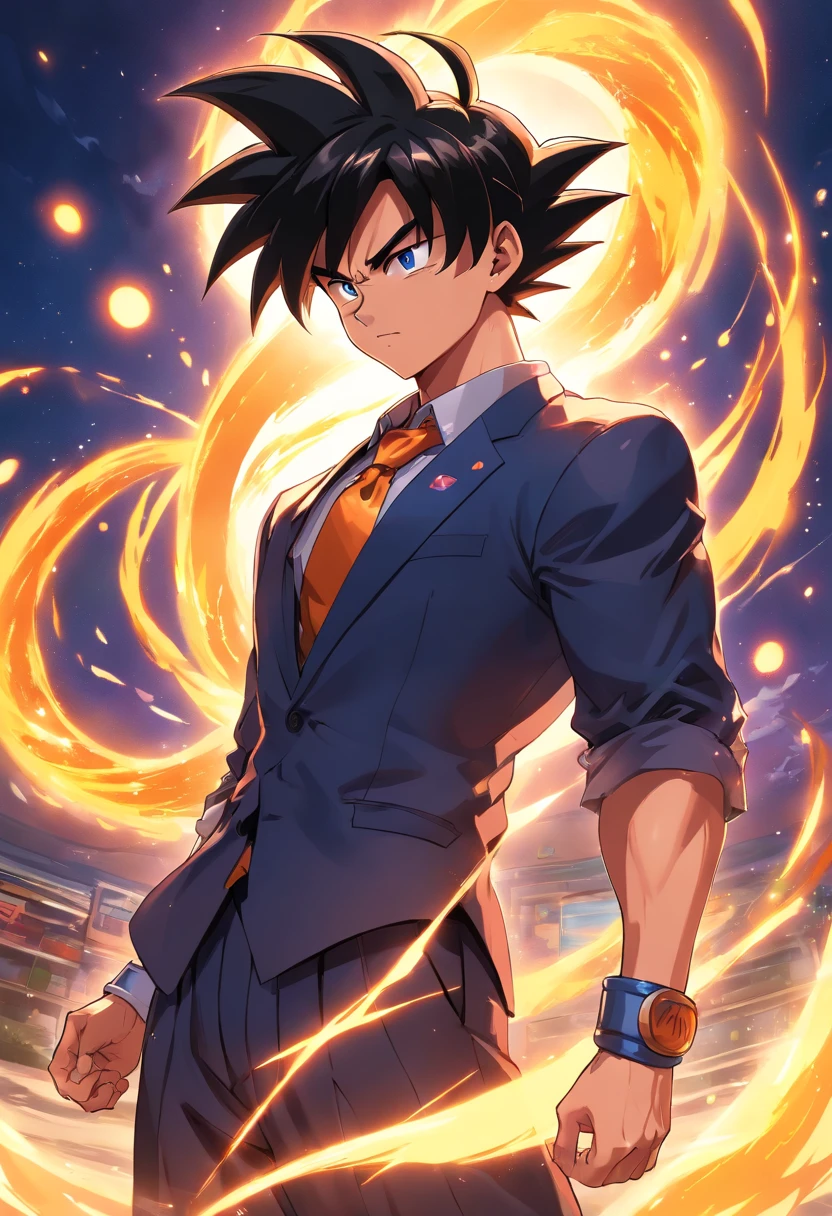 Goku wearing a black suit, Male, Dragon Ball Z, party hall, illustration, ultra-detailed, realistic:1.37, vibrant colors, dynamic lighting, portraits, anime style, glossy, dark shadows, confident posture, intense gaze, colorful energy aura, extravagant decorations, stylish tie, neat hair, muscular physique, Dragon Ball logo, saiyan emblem, elegant background, sharp focus, high-res masterpiece:1.2