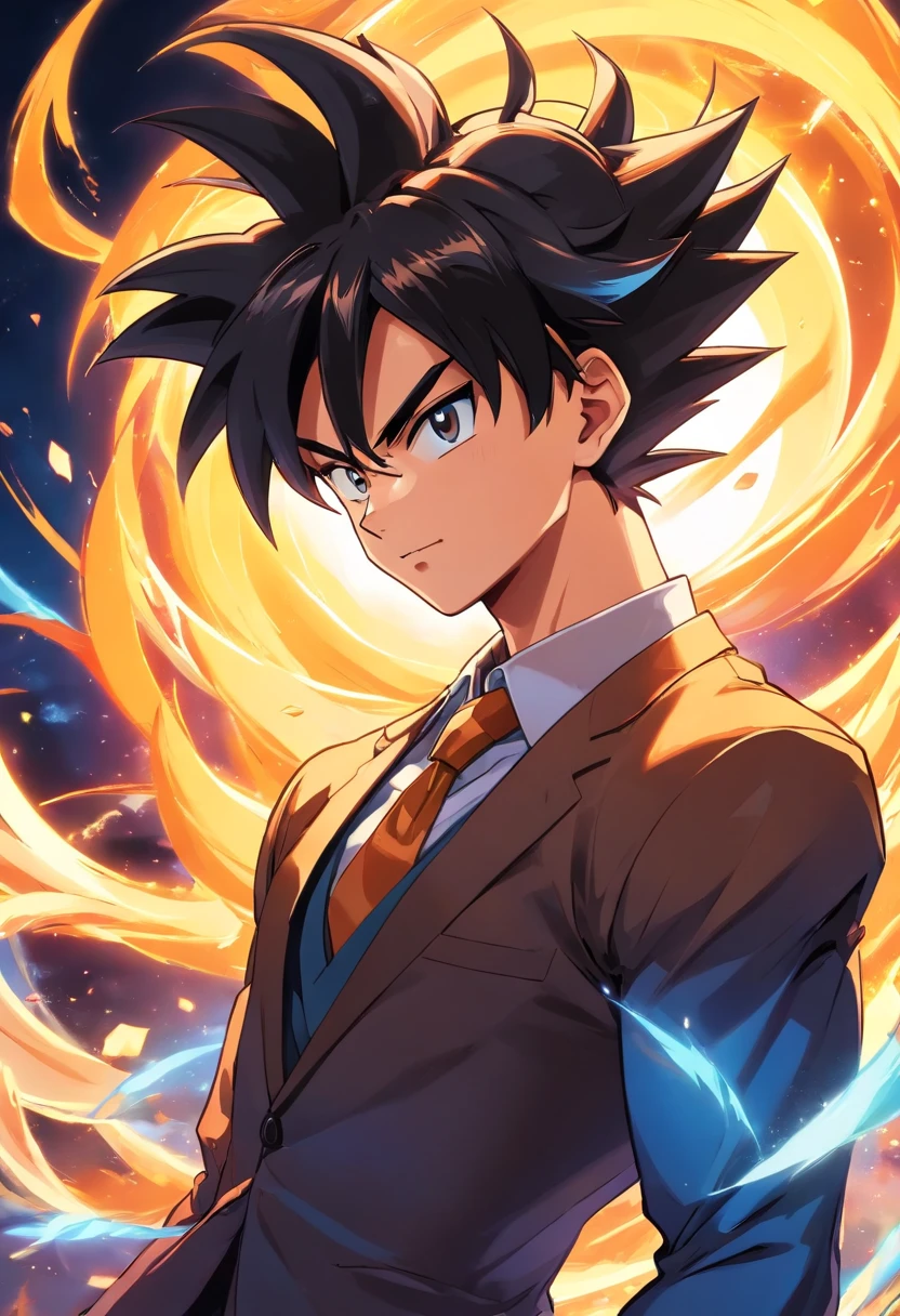 Goku wearing a black suit, Male, Dragon Ball Z, party hall, illustration, ultra-detailed, realistic:1.37, vibrant colors, dynamic lighting, portraits, anime style, glossy, dark shadows, confident posture, intense gaze, colorful energy aura, extravagant decorations, stylish tie, neat hair, muscular physique, Dragon Ball logo, saiyan emblem, elegant background, sharp focus, high-res masterpiece:1.2