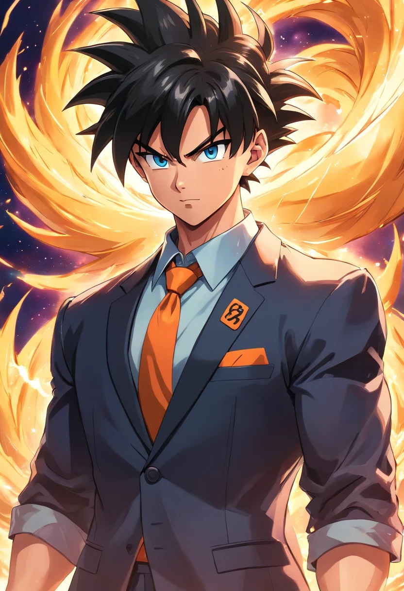 Goku wearing a black suit, Male, Dragon Ball Z, party hall, illustration, ultra-detailed, realistic:1.37, vibrant colors, dynamic lighting, portraits, anime style, glossy, dark shadows, confident posture, intense gaze, colorful energy aura, extravagant decorations, stylish tie, neat hair, muscular physique, Dragon Ball logo, saiyan emblem, elegant background, sharp focus, high-res masterpiece:1.2