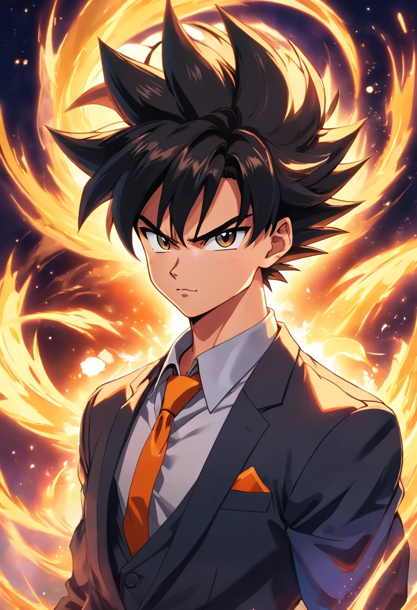 Goku wearing a black suit, Male, Dragon Ball Z, party hall, illustration, ultra-detailed, realistic:1.37, vibrant colors, dynamic lighting, portraits, anime style, glossy, dark shadows, confident posture, intense gaze, colorful energy aura, extravagant decorations, stylish tie, neat hair, muscular physique, Dragon Ball logo, saiyan emblem, elegant background, sharp focus, high-res masterpiece:1.2
