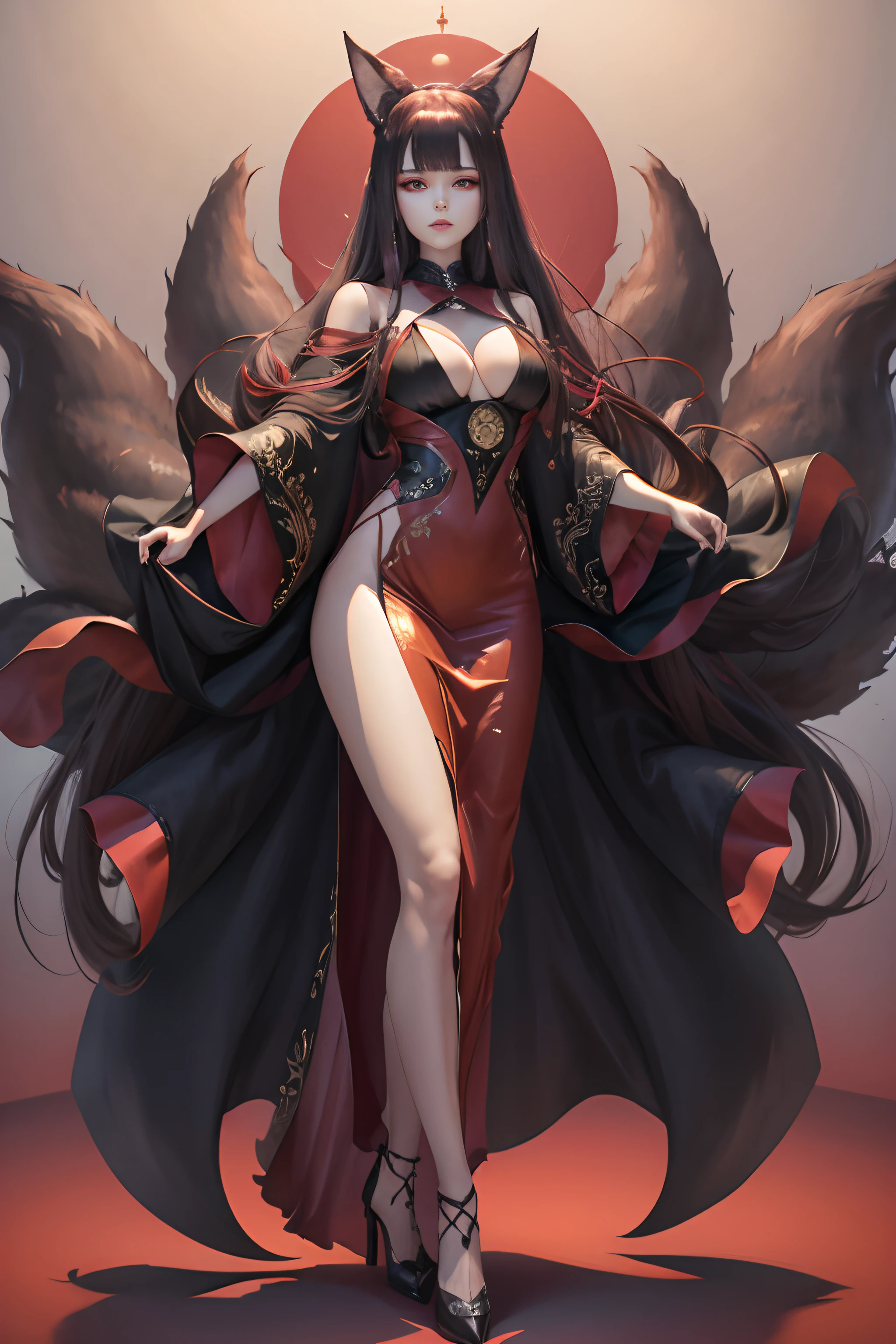 Ballroom, red evening dress with white fur trim, long brown hair with bangs, open toe black high heel shoes, long brown fox ears with dark inner fur, kitsune, 9 long fluffy brown fox tails, dancing, looking at viewer, tall, slender, full body shot, large bust, mature look, large amber eyes, pretty angular face, smirking expression, long legs, wearing black gloves, long slender fingers