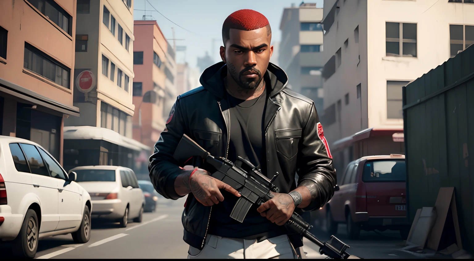 A lonely man, Tatuado, red hair, pele negra,corte vermelho, gta personagem, Como o protagonista de GTA 5, gta v estilo, Kanye West em GTA v, gta5 estilo, gta v personagem, empunhando fuzil de assalto, rifle in hand, Fuzil AK -47, slum scenery.