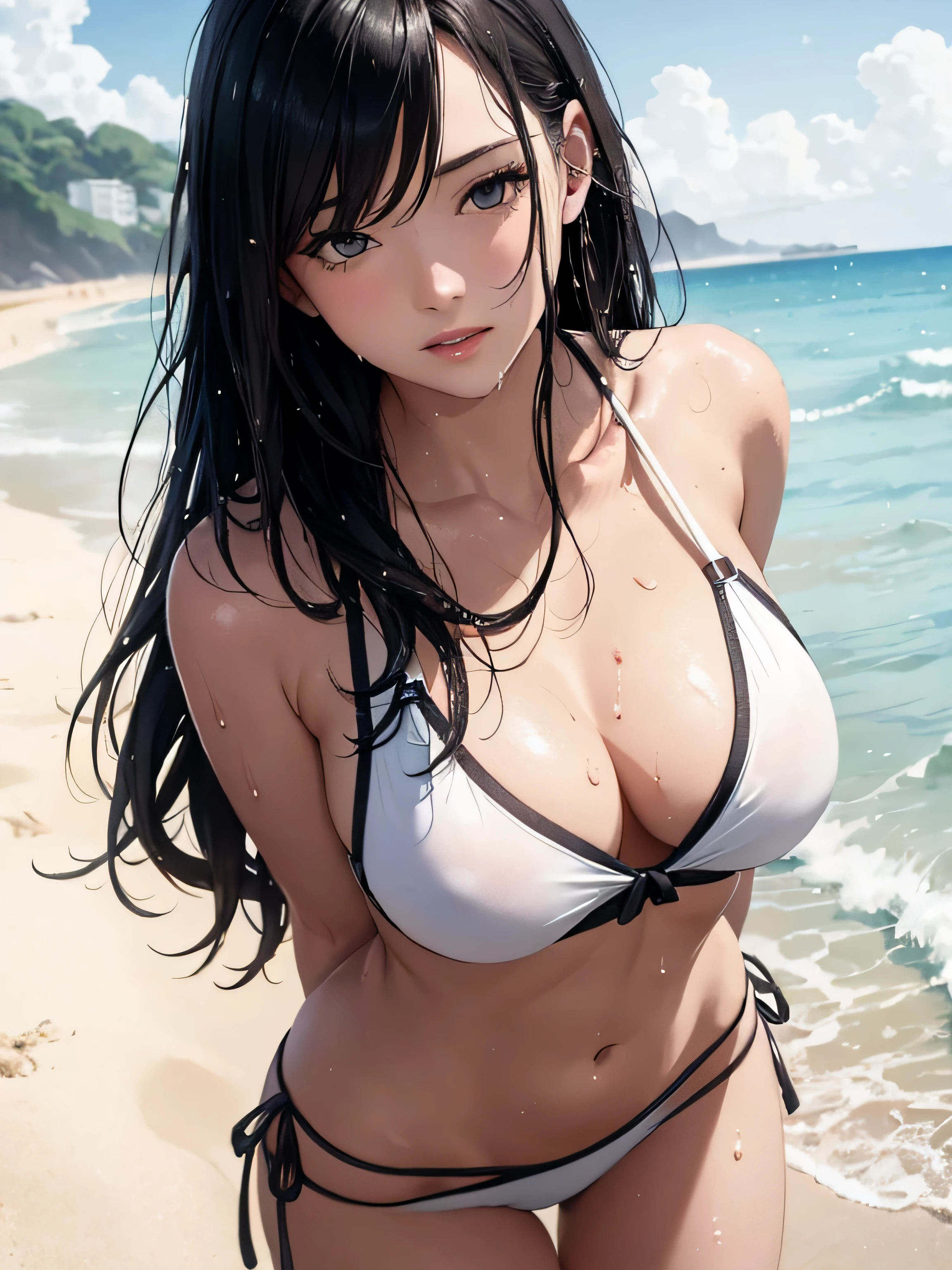 a girl in summer clothes,, wet body, medium breasts, flirtatious look, very well detailed, beach landscape, long black hair, photorealistic image, there are people on the beach.