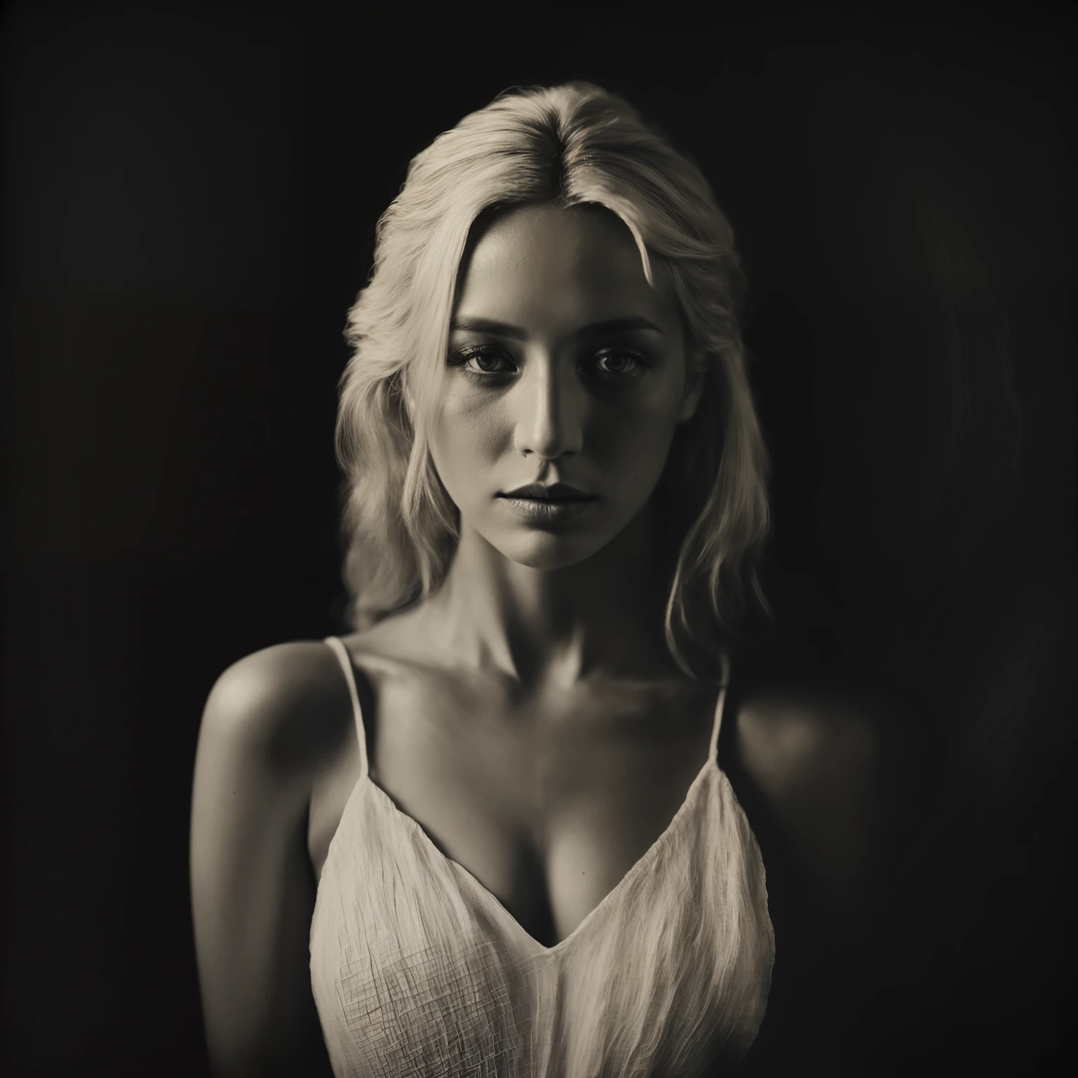 RAW photo, analog style, a beautiful 25 year old Moroccan woman with blonde hair wearing a linen dress, by Collodion_Photo (high detailed skin:1.2), 8k uhd, dslr, cinematic lighting, hasselblad, black and white
