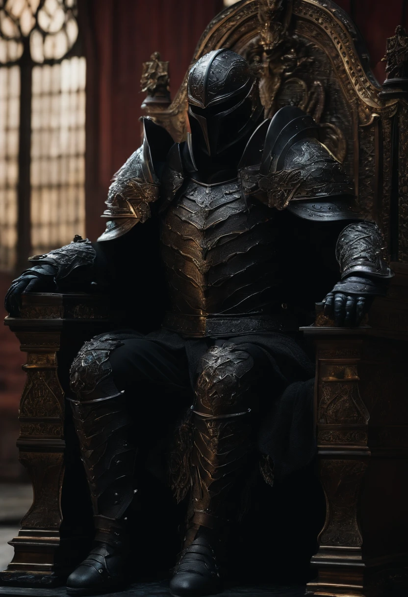 A monster dressed in black armor, representing all the darkness and fear in the world, sitting on a throne