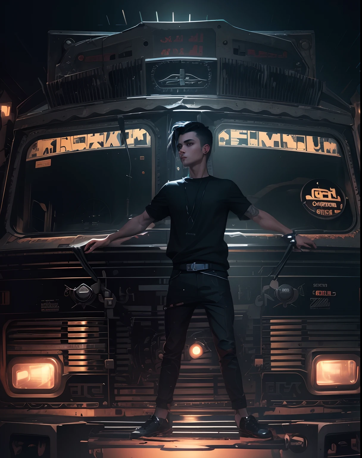 Syberpunk realistic handsome boy with black clothes Ghost background 8k