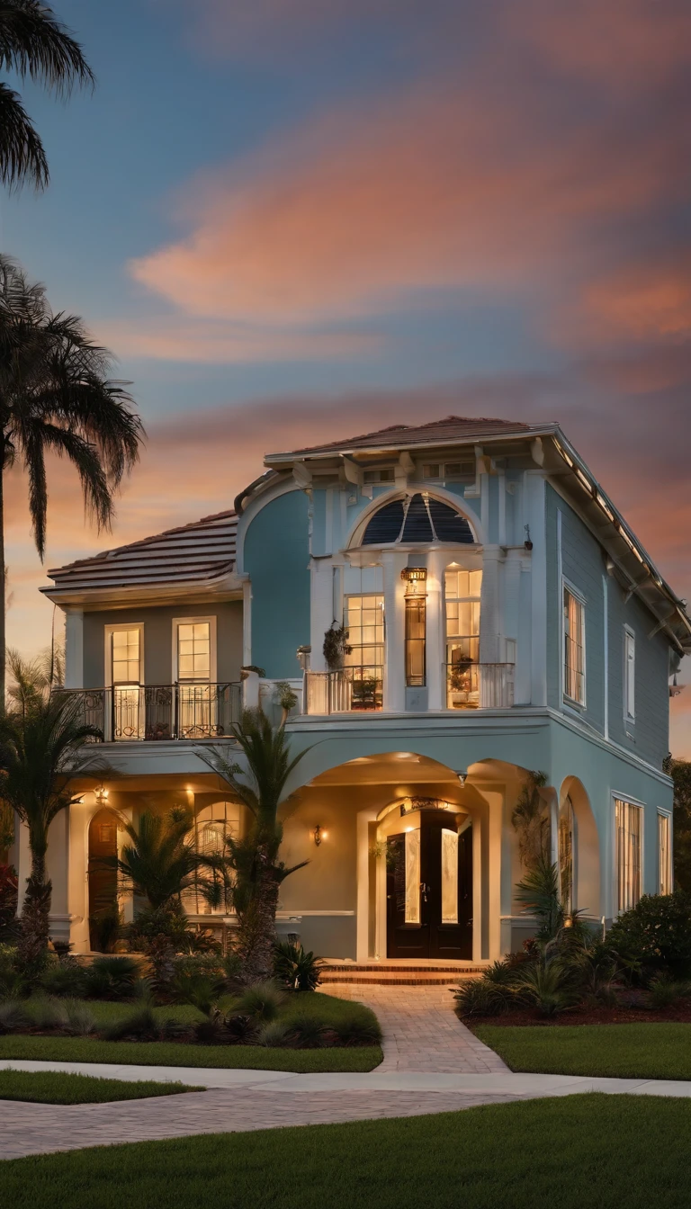 hyper realistic, 4k, exterior single level 3 bedroom modest house built in early 2000s style in the US, middle class neighborhood in St. Pete Florida (RAW photo, real, best quality, masterpiece:1.2), (hyper realistic, photo-realistic:1.2), high quality,
