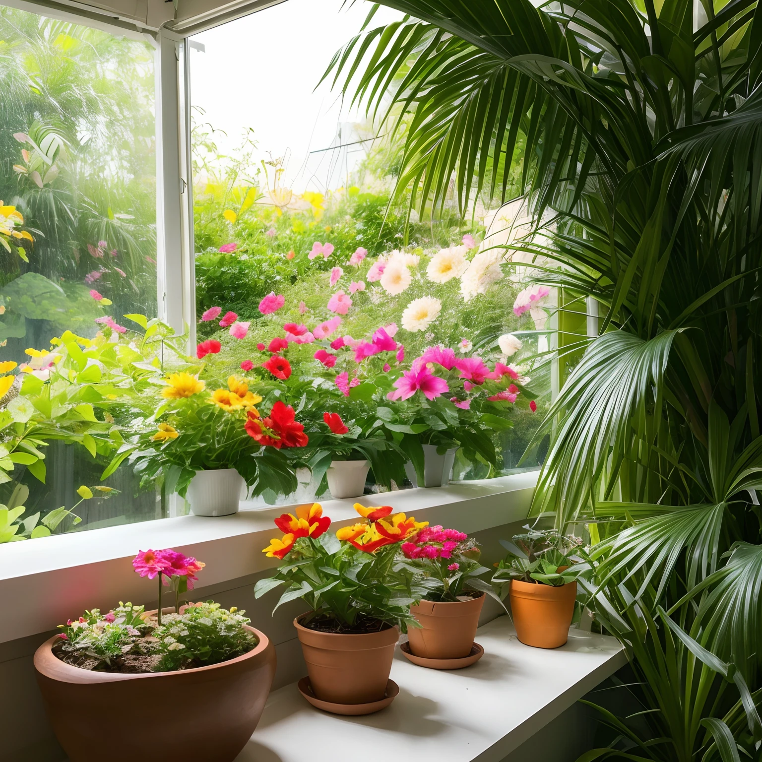 Imagem realista 8k, nitidez em todo o plano, There is a vase of flowers on the windowsill, magical colorful flowers, flores coloridas, flores coloridas, flores silvestres coloridas, flores de cores vivas, summer morning light, com flores e plantas coloridas, colourful flowers bouquet, flores bonitas, summer morning flower garden, flores coloridas, Summer vibe, flores silvestres, flores florais coloridas, jardim florido cottagecore, flores bonitas