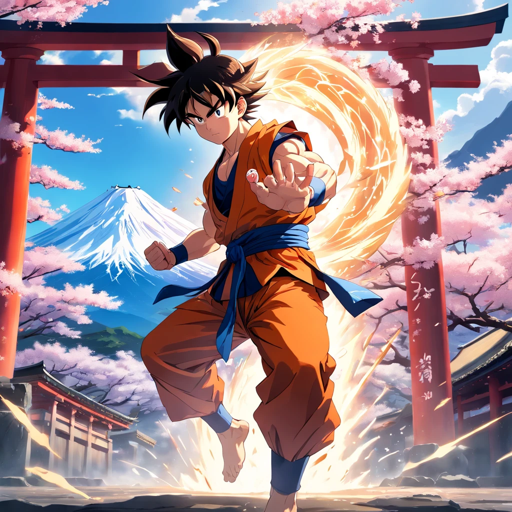 (best quality,4k,8k,highres,masterpiece:1.2), ultra-detailed, realistic:1.37, Goku in samurai attire, detailed face and body, intense gaze, vibrant black hair, muscular build, wearing a traditional samurai armor and helmet, holding a katana with a dragon engraved on the blade, Dragon Ball themed background with Japanese elements such as cherry blossoms, torii gates, and Mount Fuji, dynamic pose with Goku in mid-attack, powerful energy aura surrounding him, dramatic lighting with a mix of sunlight and shadows, vibrant colors with a mix of bold and pastel tones, adding depth and dimension to the image.