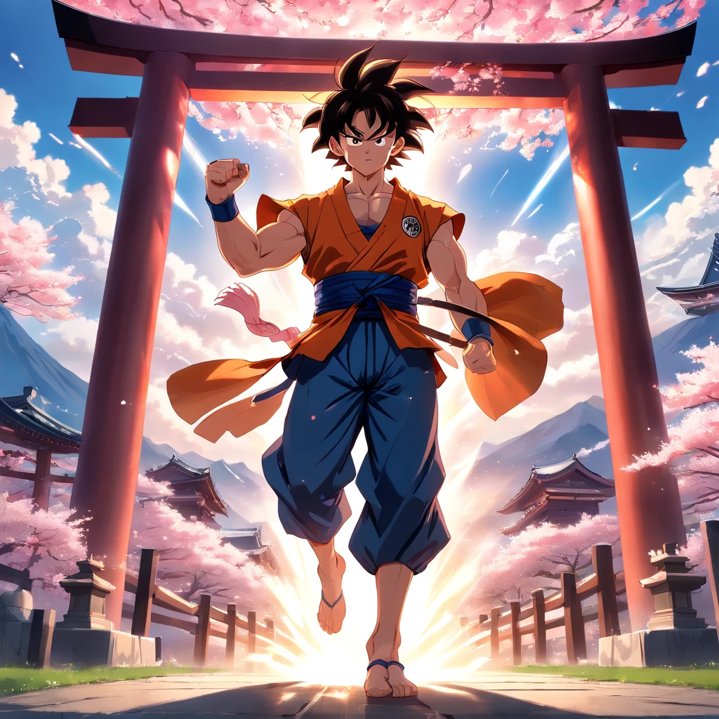 (best quality,4k,8k,highres,masterpiece:1.2), ultra-detailed, realistic:1.37, Goku in samurai attire, detailed face and body, intense gaze, vibrant black hair, muscular build, wearing a traditional samurai armor and helmet, holding a katana with a dragon engraved on the blade, Dragon Ball themed background with Japanese elements such as cherry blossoms, torii gates, and Mount Fuji, dynamic pose with Goku in mid-attack, powerful energy aura surrounding him, dramatic lighting with a mix of sunlight and shadows, vibrant colors with a mix of bold and pastel tones, adding depth and dimension to the image.