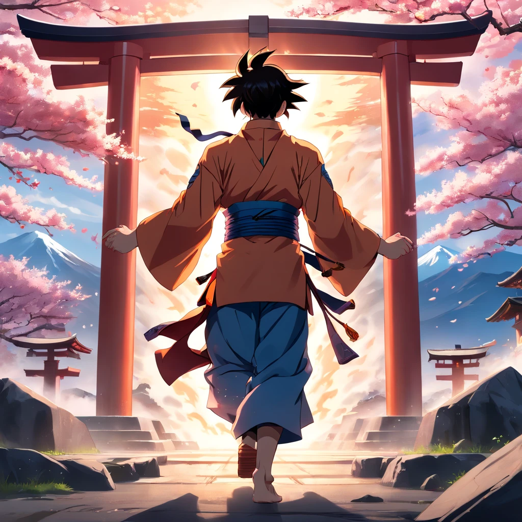 (best quality,4k,8k,highres,masterpiece:1.2), ultra-detailed, realistic:1.37, Goku in samurai attire, detailed face and body, intense gaze, vibrant black hair, muscular build, wearing a traditional samurai armor and helmet, holding a katana with a dragon engraved on the blade, Dragon Ball themed background with Japanese elements such as cherry blossoms, torii gates, and Mount Fuji, dynamic pose with Goku in mid-attack, powerful energy aura surrounding him, dramatic lighting with a mix of sunlight and shadows, vibrant colors with a mix of bold and pastel tones, adding depth and dimension to the image.