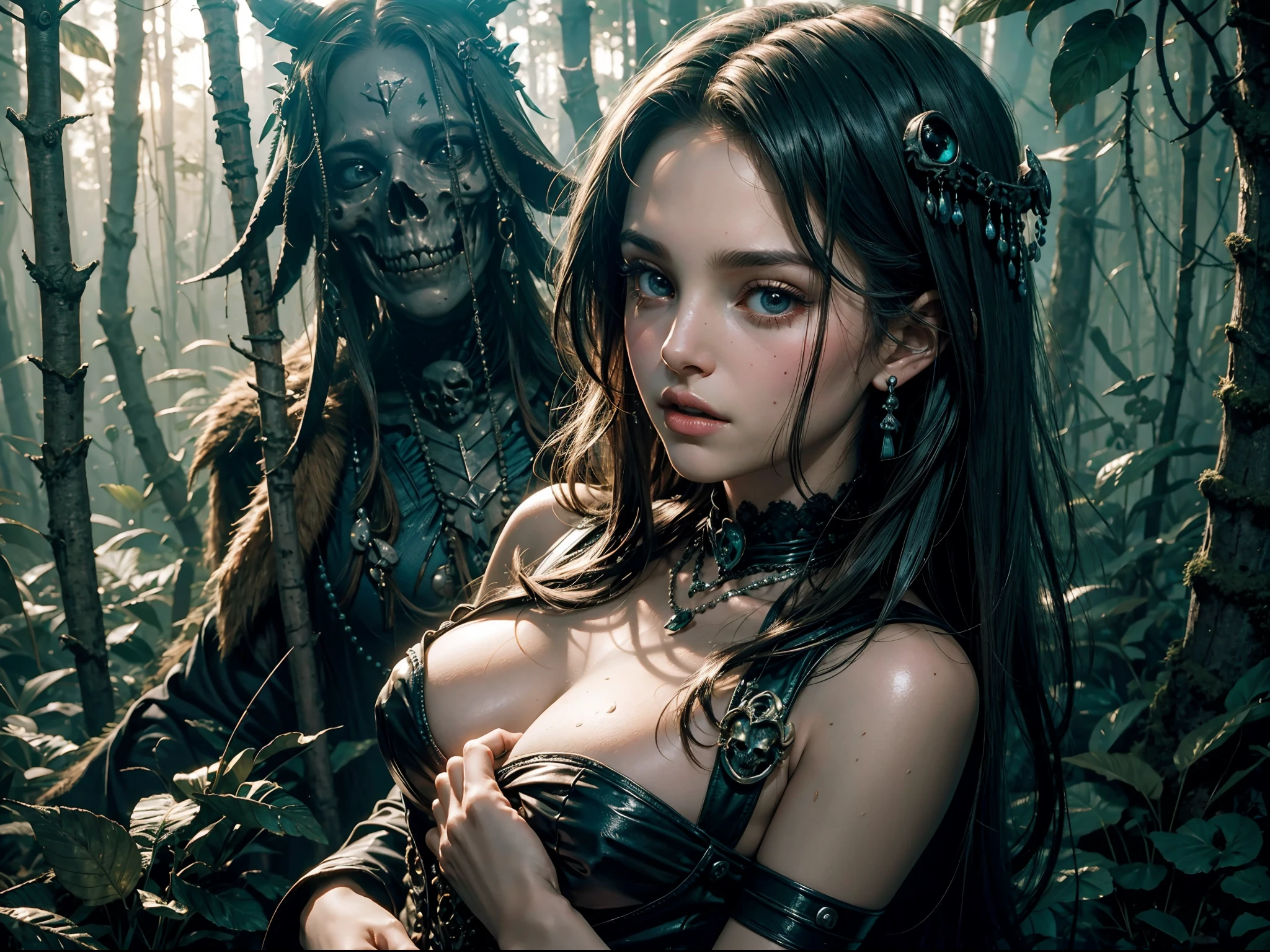 a Natalie Portman dressed emerges as a captivating figure amidst the dense forest. her physical appearance tells a story of tragic transformation and decay, evoking both fascination and a sense of unease. the teennecromancer girl's once-youthful countenance is marred by the relentless grip of decay. skulls. totems. voodoo magic. hugging, looking at each other.