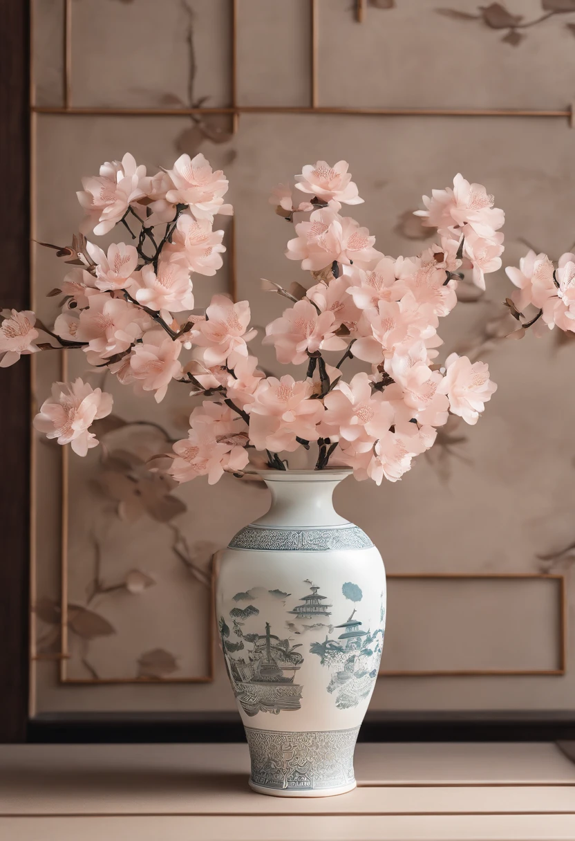 There was a vase on the table in the room,There are flowers inside, dslr photo of a vase on a table, Chinese style, Chinese painting style, inspired by Wen Zhenheng, Chinese traditional, Beautiful image, inspired by Yun Shouping, vases, inspired by Jiao Bingzhen, inspired by Xie Shichen, inspired by Dong Yuan, detailled image, asian interior decoration