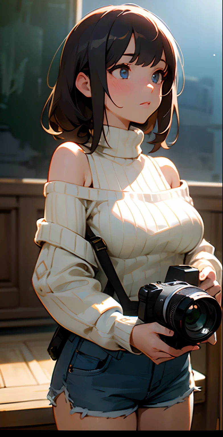 Big breasts, (master piece), best quality, extremely detailed, (Watercolor), bloom, delicate and beautiful, illustration, (bottom), (1girl:1.4), (alone:1.2), big breasts, (ribbed sweater :1.3), off-the-shoulder sweater, (short shorts:1.2), bare shoulders, (Lower Chest), ((dark skin:0.8)), Beautiful eyes, (disheveled hair), photography, over-the-shoulder shot, Direction : Alex Maleev, professional, Camera Canon, nikon camera, sharp, Bokeh, studio quality, fisheye lens, Director: Robert Capa