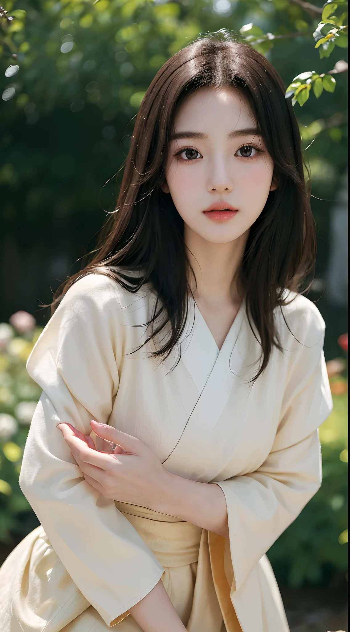 Please create a portrait of a Japanese or Korean beauty with pure and cute appearance, 16K high-definition resolution for realistic details. Her eyes, long eyelashes, slender figure, and detailed hands should be carefully depicted to showcase her charm. Set her in a beautiful garden background to bring life and vitality to the entire scene.