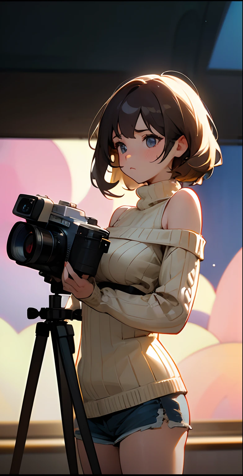 Big breasts, (master piece), best quality, extremely detailed, (Watercolor), bloom, delicate and beautiful, illustration, (bottom), (1girl:1.4), (alone:1.2), big breasts, (ribbed sweater :1.3), off-the-shoulder sweater, (short shorts:1.2), bare shoulders, (Lower Chest), ((dark skin:0.8)), Beautiful eyes, (disheveled hair), photography, over-the-shoulder shot, Direction : Alex Maleev, professional, Camera Canon, nikon camera, sharp, Bokeh, studio quality, fisheye lens, Director: Robert Capa