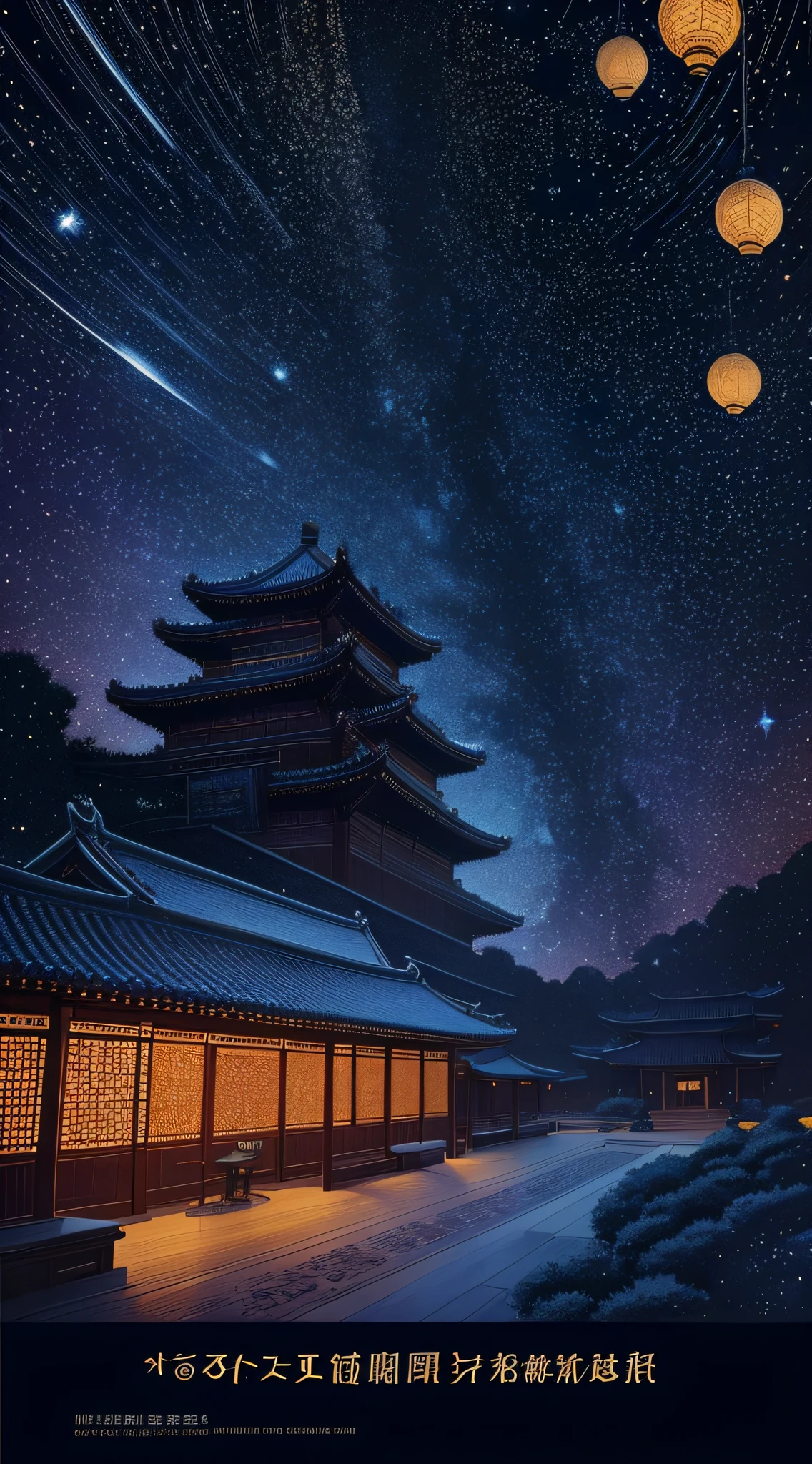 The night view of the Tang Dynasty never sleeps, starry sky, flow luminescence, pointillism style, Song Dynasty and Yuan Dynasty aesthetics, James R. Eads, book cover