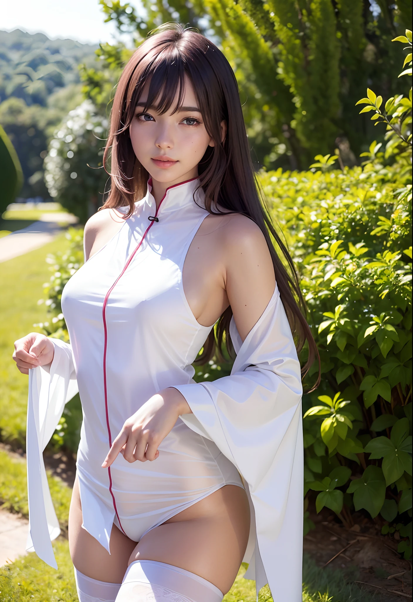 solo,1girl of (20 yo),20 years old girl,young,aged down,
(parted lips),light smile,(thighhighs),
jin clothing,jinstyle,outdoors,(looking at viewer:1.3),see-through,(light blush),
detailed eyes,(intricate:1.05),(looking at viewer),(shiny skin,skindentation),wide angle,
hanfu,
shiny skin, skindentation, best quality, ultra high res, (photorealistic:1.4),