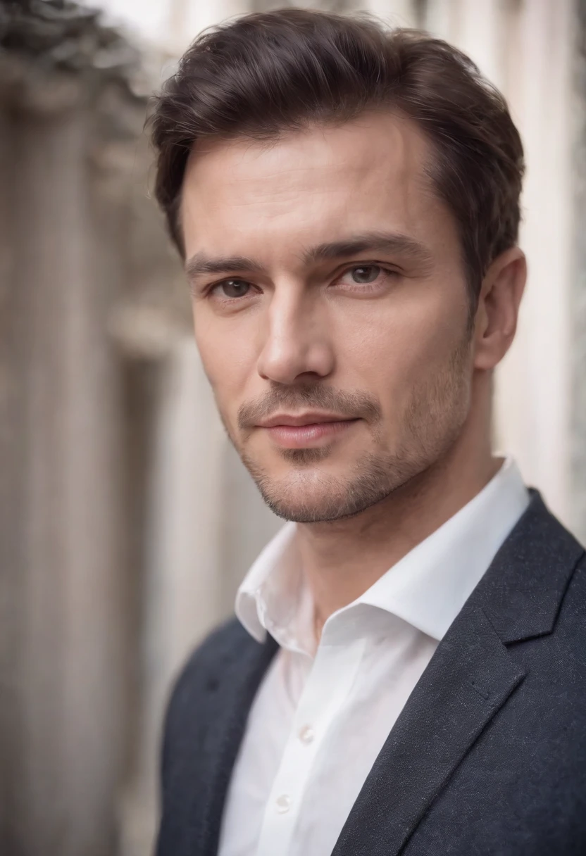 Portrait of handsome man 40 years old round face cinematic appearance、White shirt and jacket with collar、Looking at the camera