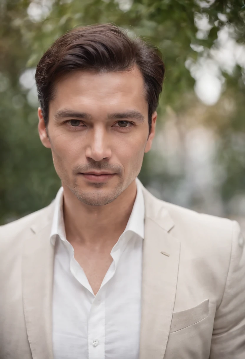 Portrait of handsome man 40 years old round face cinematic appearance、White shirt and jacket with collar、Looking at the camera