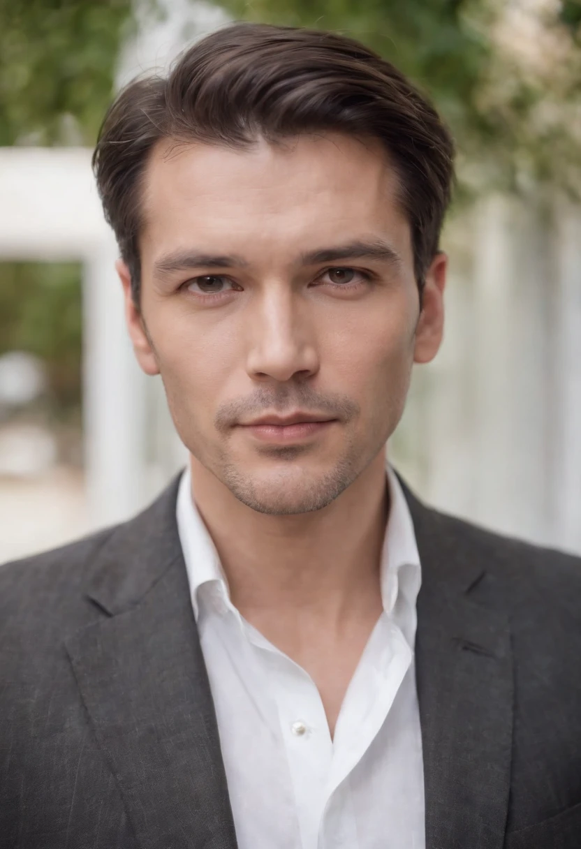 Portrait of handsome man 40 years old round face cinematic appearance、White shirt and jacket with collar、Looking at the camera