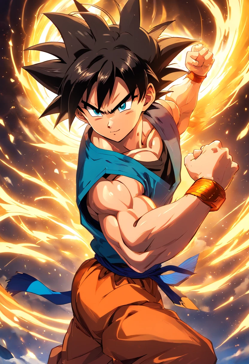 Goku vestindo um terno preto, sunglasses, macho, Dragon ball z, party hall, illustration, ultra-detalhado, Realistic:1.37, cores vibrantes, dynamic lighting, Retratos, estilo anime, glossy, sombras escuras, postura confiante, olhar intenso, aura de energia colorida, extravagant decorations, gravata estilosa, cabelo arrumado, muscular physique, Dragon Ball logo, emblema saiyajin, fundo elegante, foco nítido, high-resolution masterpiece:1.2