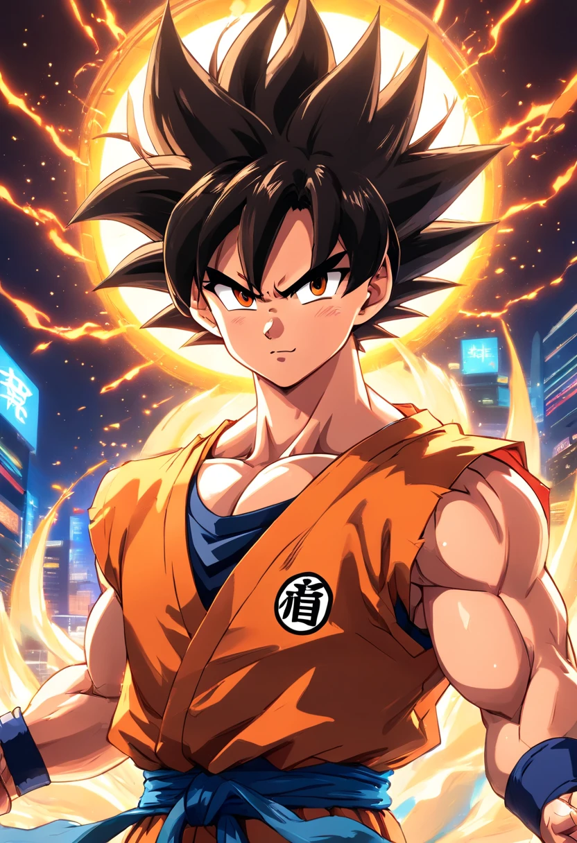 Goku vestindo um terno preto, sunglasses, macho, Dragon ball z, party hall, illustration, ultra-detalhado, Realistic:1.37, cores vibrantes, dynamic lighting, Retratos, estilo anime, glossy, sombras escuras, postura confiante, olhar intenso, aura de energia colorida, extravagant decorations, gravata estilosa, cabelo arrumado, muscular physique, Dragon Ball logo, emblema saiyajin, fundo elegante, foco nítido, high-resolution masterpiece:1.2