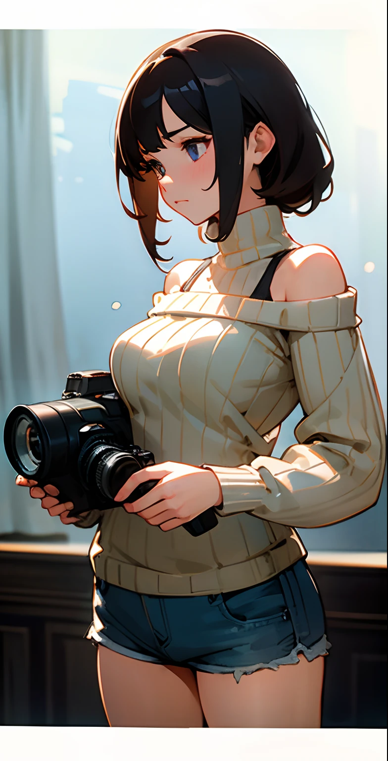 Big breasts, (master piece), best quality, extremely detailed, (Watercolor), bloom, delicate and beautiful, illustration, (bottom), (1girl:1.4), (alone:1.2), big breasts, (ribbed sweater :1.3), off-the-shoulder sweater, (short shorts:1.2), bare shoulders, (Lower Chest), ((dark skin:0.8)), Beautiful eyes, (disheveled hair), photography, over-the-shoulder shot, Direction : Alex Maleev, professional, Camera Canon, nikon camera, sharp, Bokeh, studio quality, fisheye lens, Director: Robert Capa