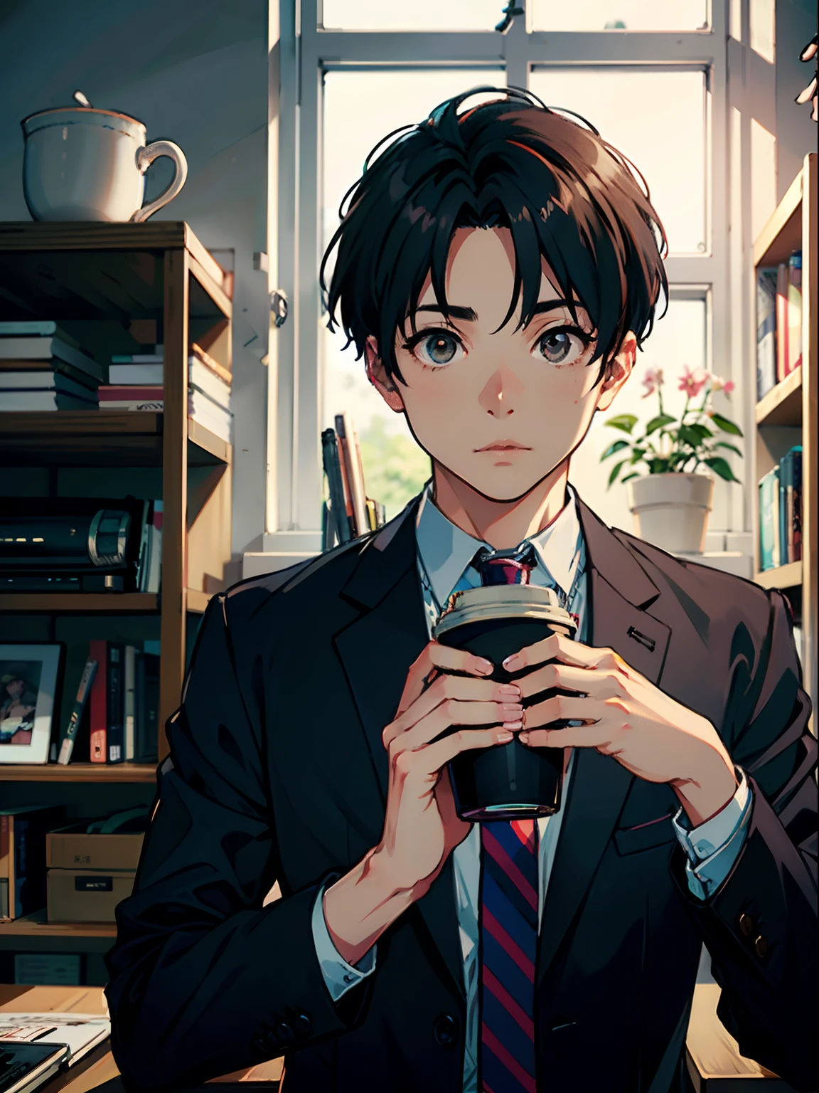 1boy, only、(Man's :2),(bobhair:1.5)、A dark-haired、Drinking coffee、Brightly colored ties、Cluttered office、Natural lighting、hightquality、masutepiece,8K,hight resolution、