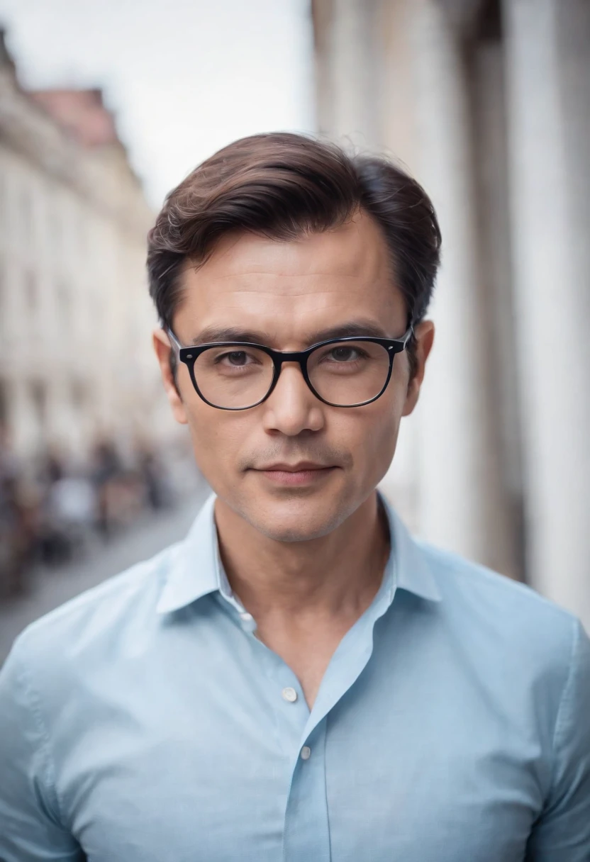 Portrait of handsome man 50 years old round face cinematic appearance、Light blue shirt with collar、Wearing tasteful glasses、Looking at the camera