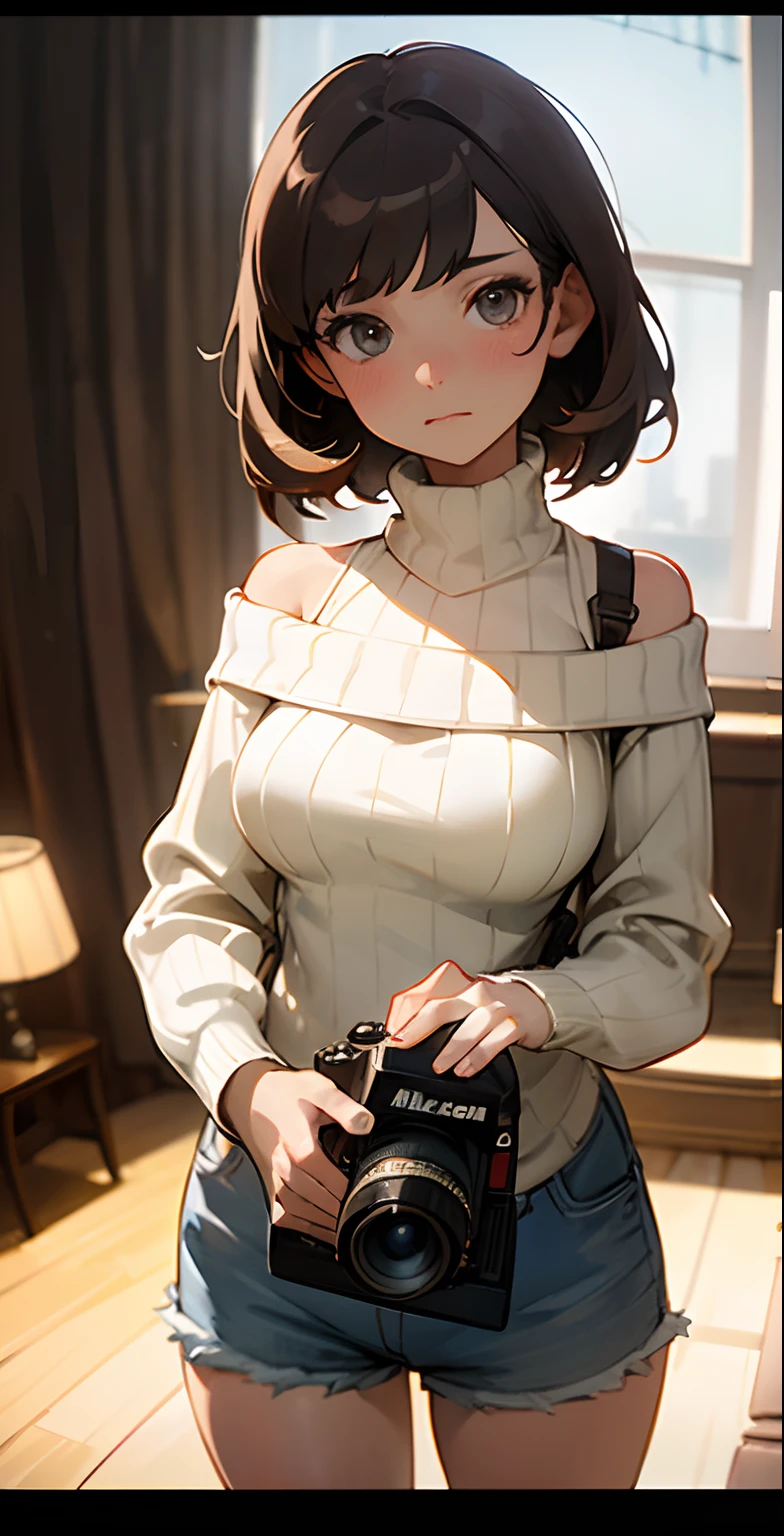 (), Big Breasts,(masterpiece), Highest quality, Very detailed, (watercolor), bloom, Delicate and beautiful, figure, (From below),(One girl:1.4), (alone:1.2), Large Breasts, (Ribbed sweater:1.3), Off-the-shoulder sweater, (Short shorts:1.2), Bare shoulders, (Underbust), ((Dark Skin:0.8)), Beautiful Eyes, (Disheveled Hair ), photograph, Over the shoulder shot, Alex Maleev, Professional, Canon Camera, Nikon Camera, sharp, Bokeh, Studio Quality, Fisheye Lens, Robert Capa ,