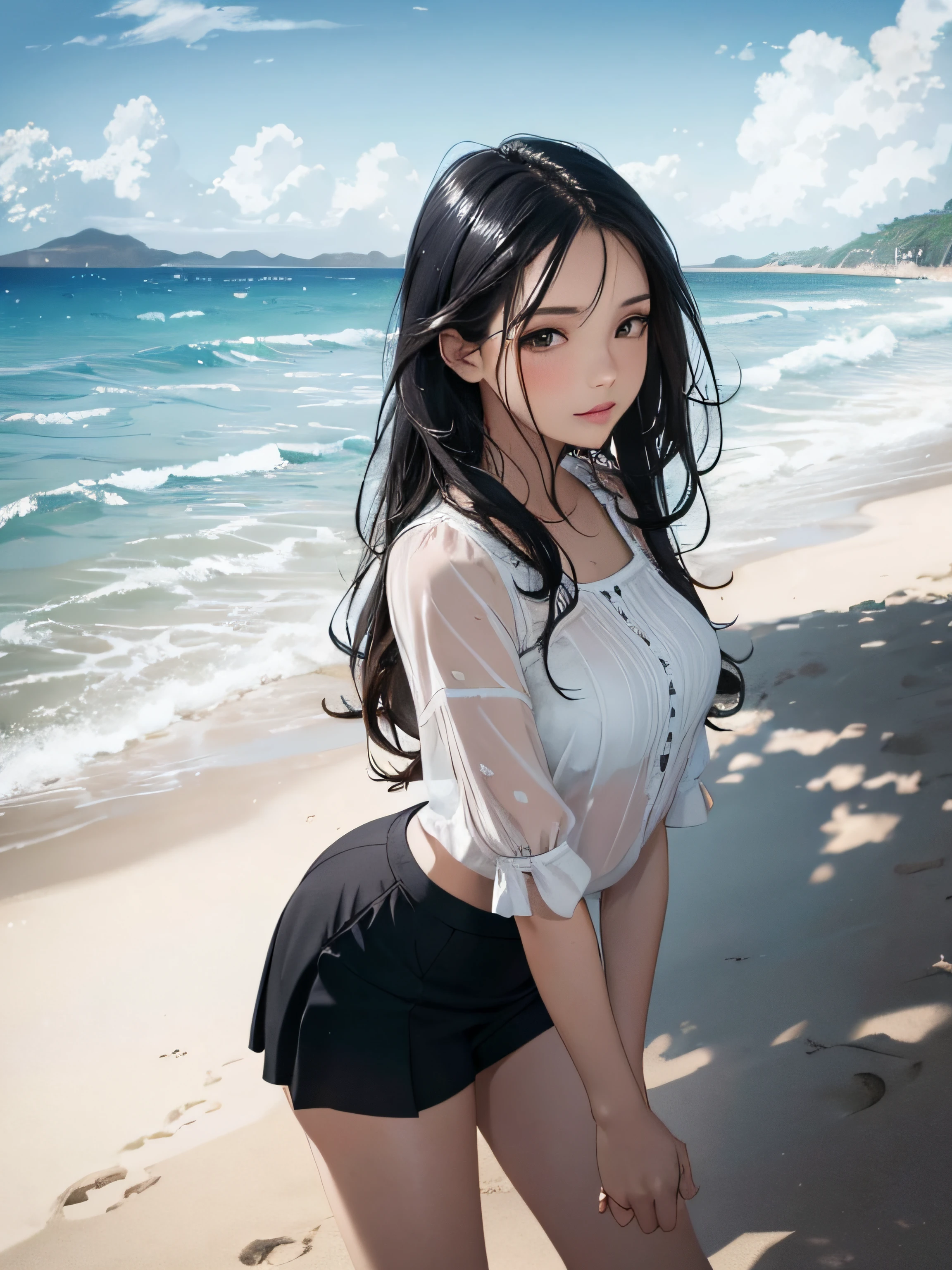 a girl in summer clothes, blouses, shorts, skirts, wet body, medium breasts, flirtatious look, very well detailed, beach landscape, long black hair, photorealistic image, there are people on the beach.