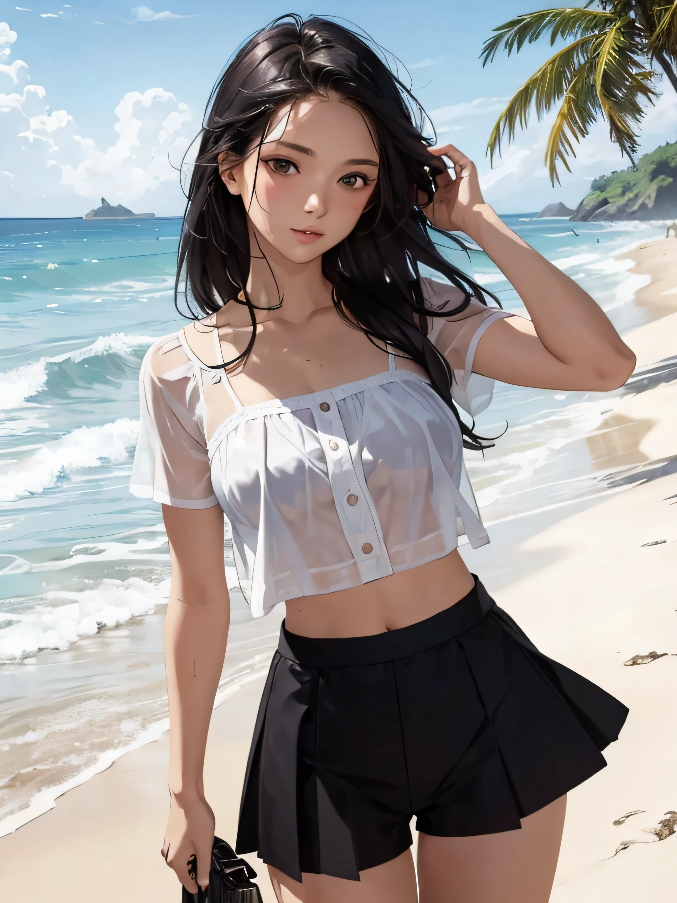 a girl in summer clothes, blouses, shorts, skirts, wet body, medium breasts, flirtatious look, very well detailed, beach landscape, long black hair, photorealistic image, there are people on the beach.