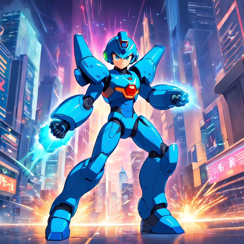 Megaman, masculine,(best quality,4k,8k,highres,masterpiece:1.2),ultra-detailed,energetic,heroic,strong pose,cybernetic suit,[blue armor],futuristic cityscape,high-tech weaponry,bright colors,sci-fi,action-packed,[powerful buster cannon],[distinctive helmet],intense battle,[laser beams],[fluid animation],dynamic movement,explosions,adrenaline rush,classic video game style